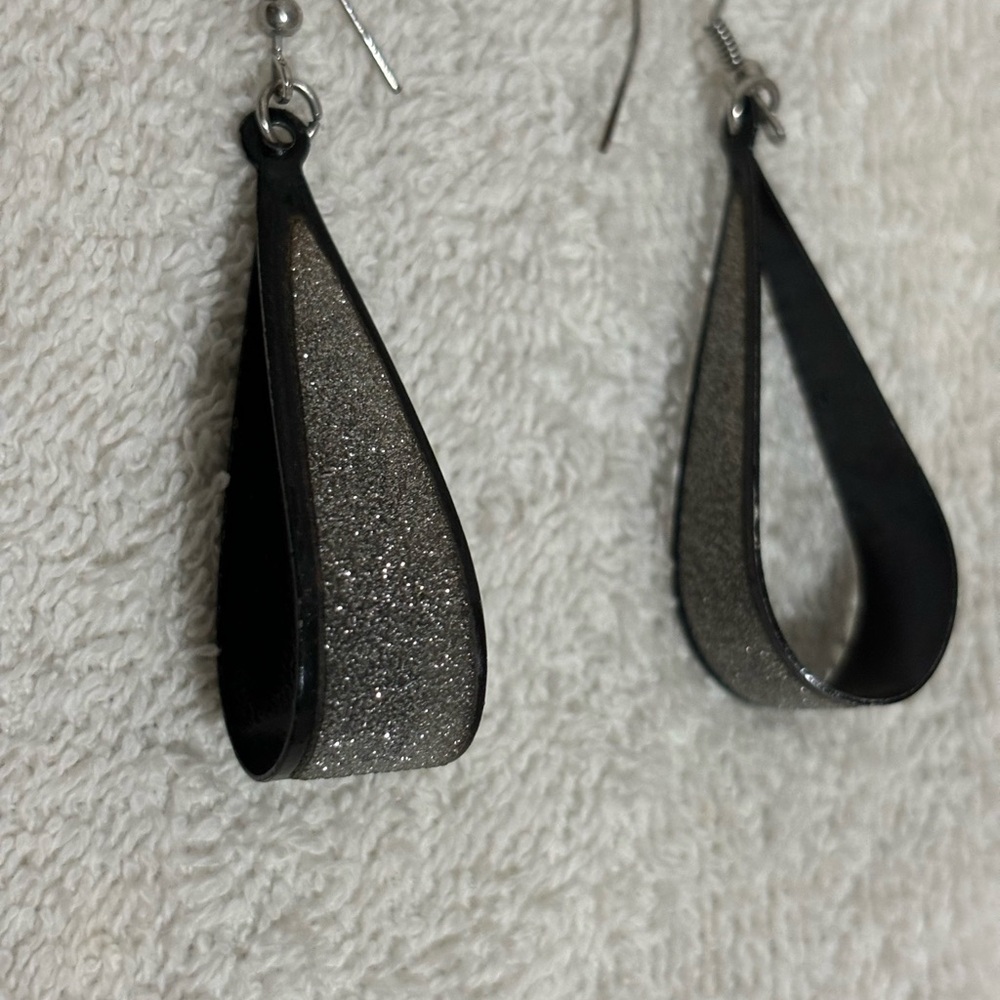 Scoop Earrings 2.75" with Silver Glitter Women's Black - Picture 8 of 12